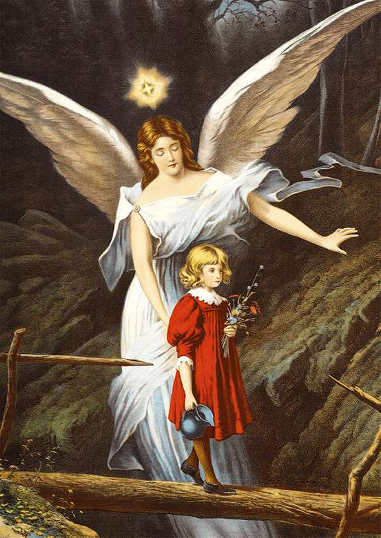 Quadro angelo custode con bambino che gioca sul tronco d'albero puzzle online