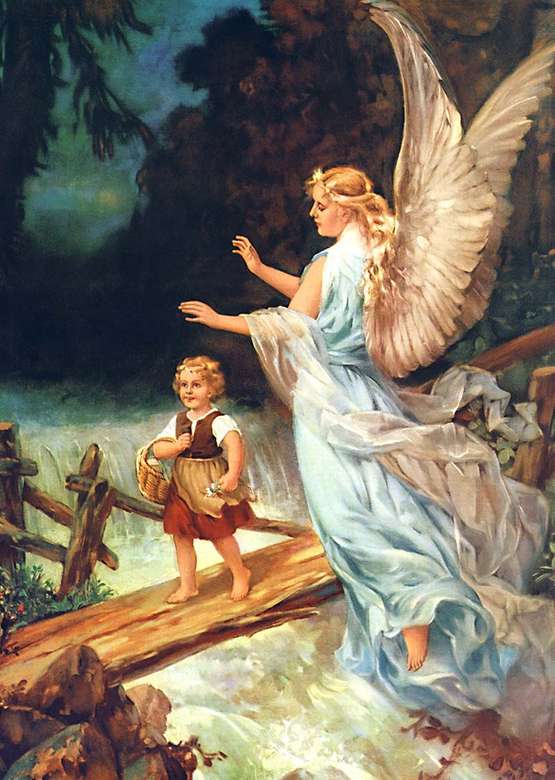 Imagen de ángel de la guarda con niño en tronco de árbol rompecabezas en línea