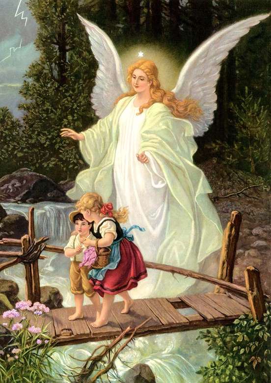 Imagine înger păzitoare cu copii pe malul mării puzzle online