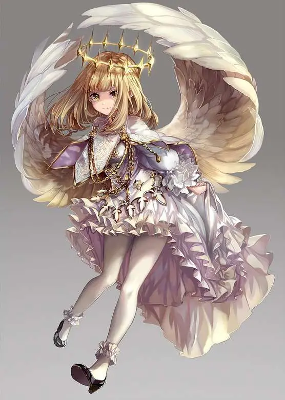 Garota de anime com asas de anjo e uma auréola na cabeça