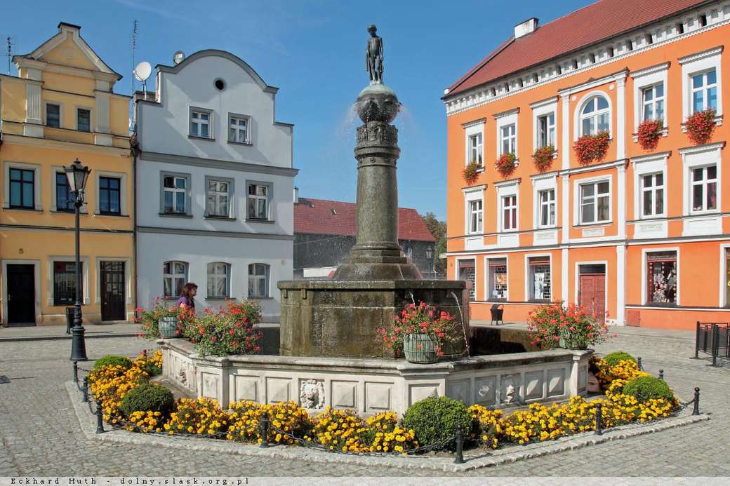 case popolari, una fontana sulla piazza del mercato a Bytom puzzle online