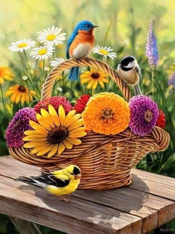 корзина цветов и разноцветных птиц пазл