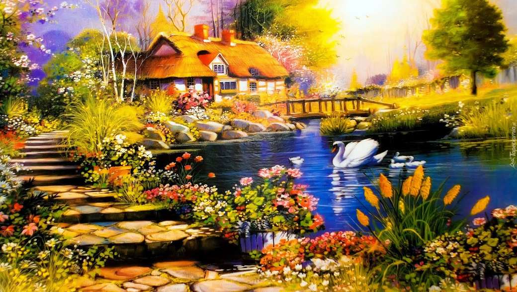 Swan pond cottage view jigsaw puzzle online