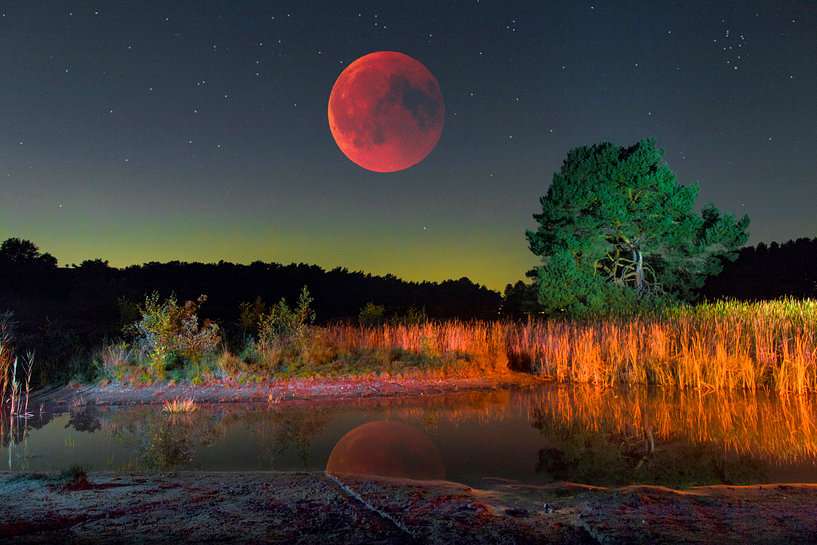Красная полная луна в небе пазл онлайн