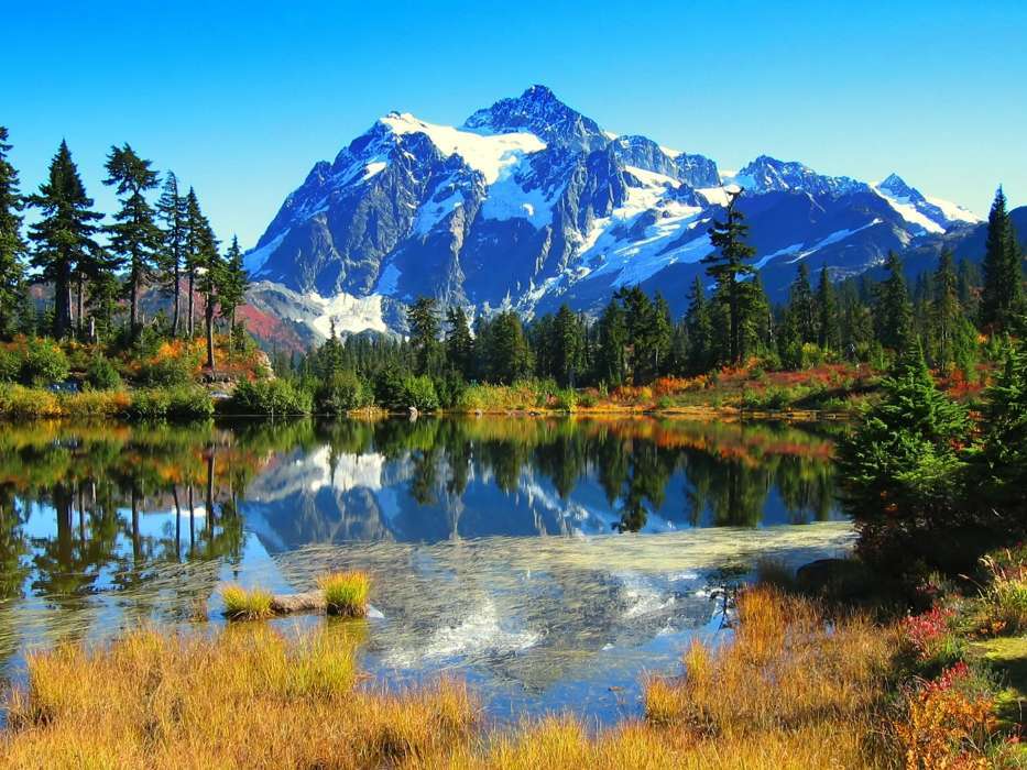 Bela paisagem com lago e montanhas quebra-cabeças online