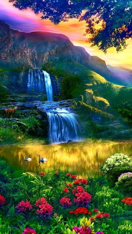 Farbenfrohe Landschaft mit Wasserfall Blumen Berge Online-Puzzle