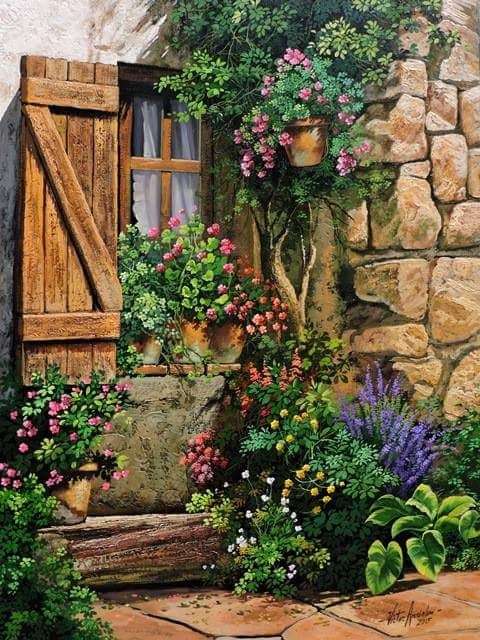Malování domu přední s květinami a rostlinami online puzzle