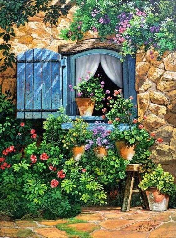 Ζωγραφική μπροστά στο σπίτι με λουλούδια και φυτά παζλ online