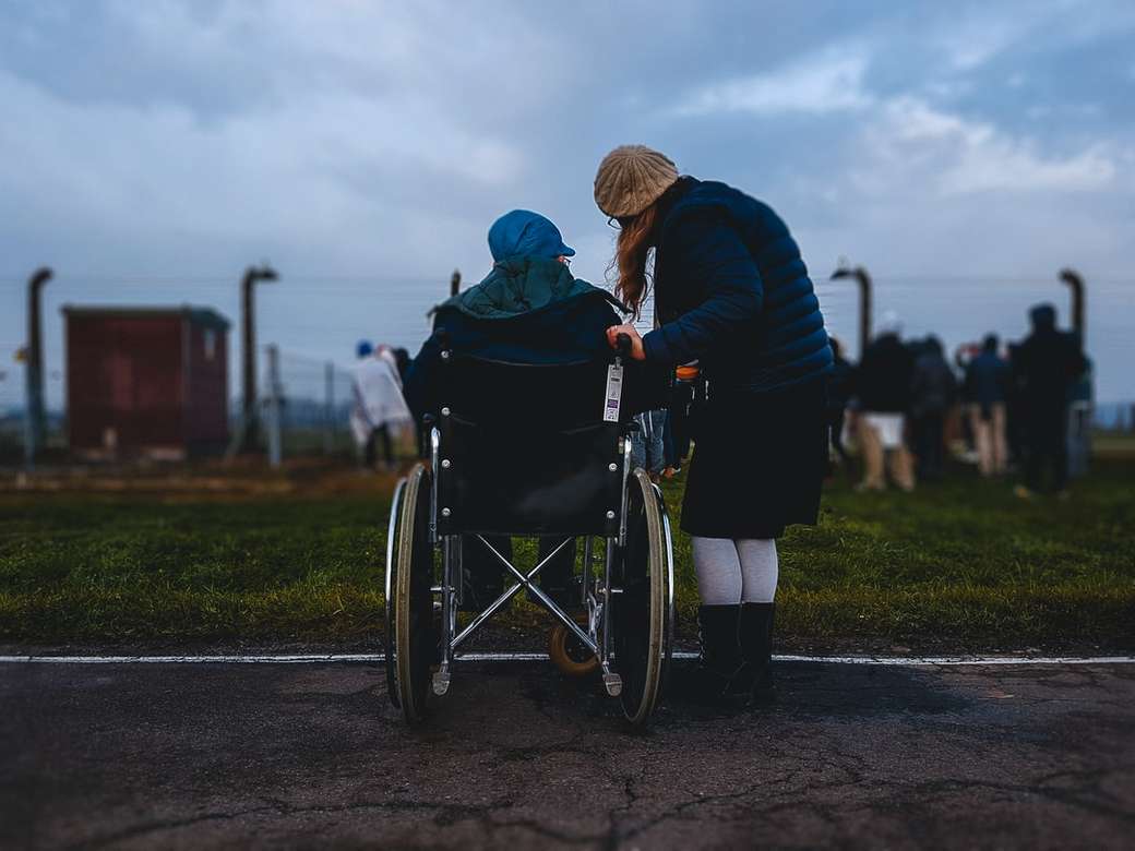 kvinna som står nära person i rullstol pussel på nätet