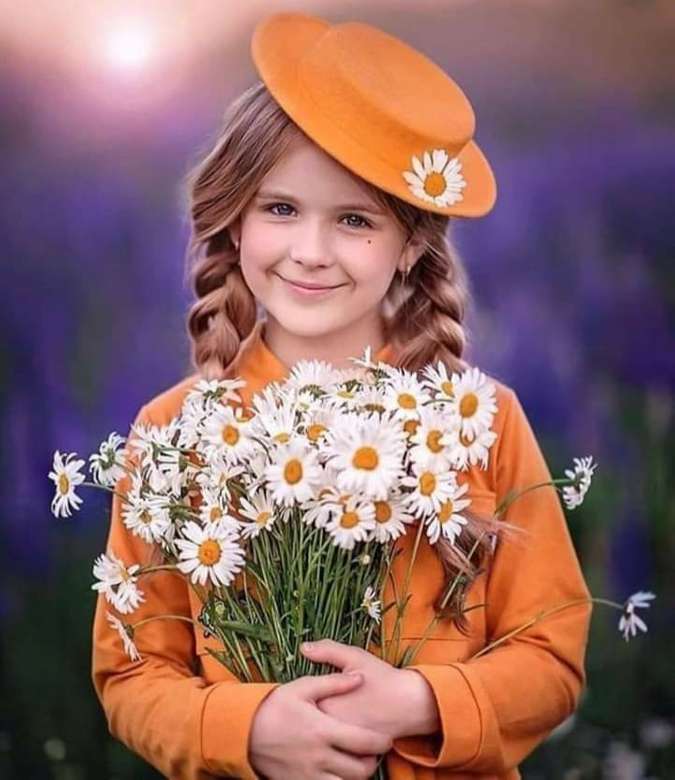 усміхнена дівчина з букетом ромашок пазл онлайн