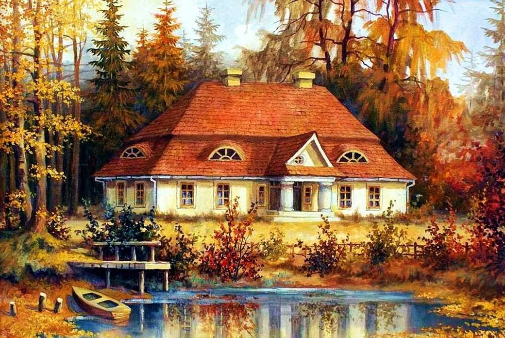 Dům, venkovský dům, jezero, rybník online puzzle