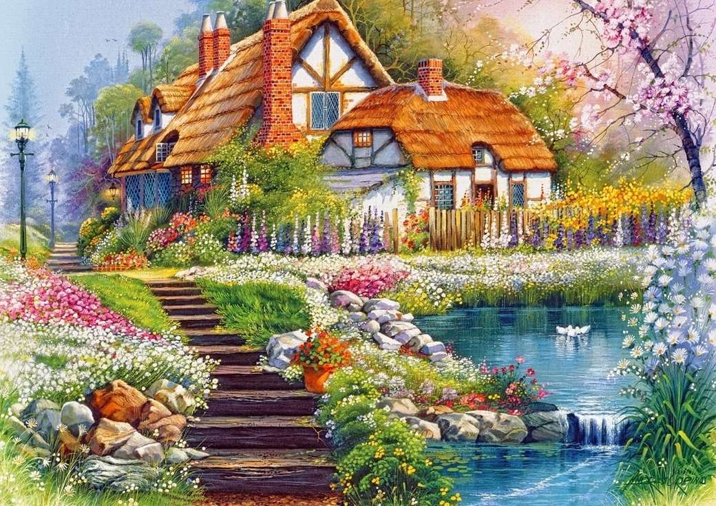Ein schönes Haus an einem Teich, umgeben von bunten Pflanzen Online-Puzzle