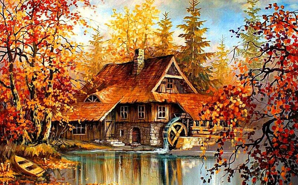 vecchio mulino in legno sopra l'acqua in autunno puzzle online