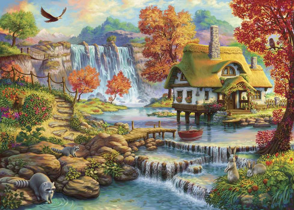 Ein Haus am Wasser bei einem riesigen Wasserfall Puzzlespiel online