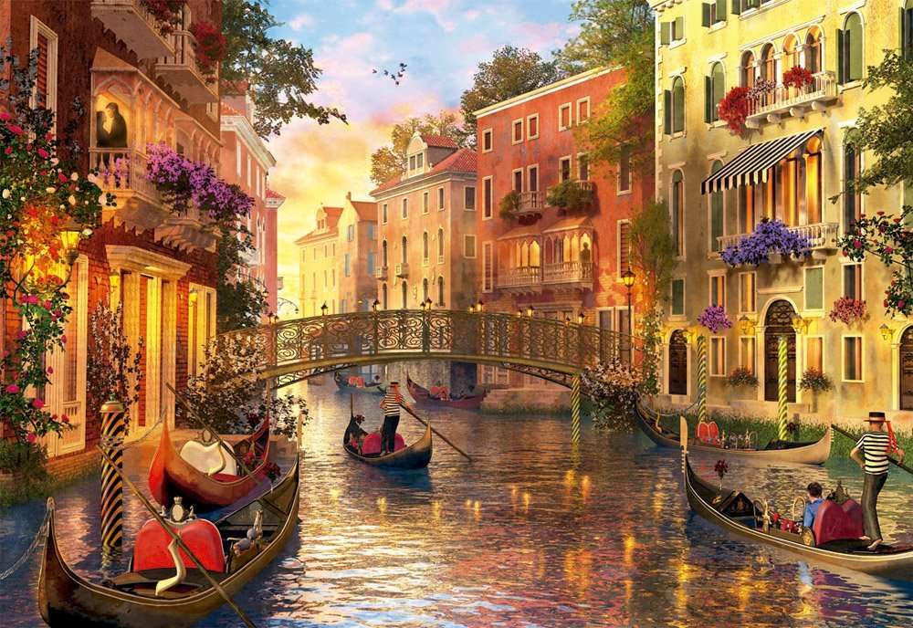 Рисуване на Венециански канали мост и лодки онлайн пъзел