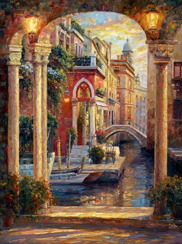 ヴェネツィアの運河の橋とボートの塗装 ジグソーパズルオンライン