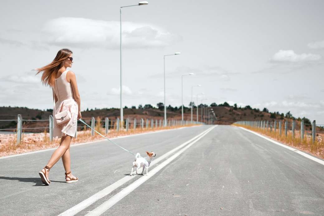 женщина в белом платье без рукавов держит упряжь онлайн-пазл