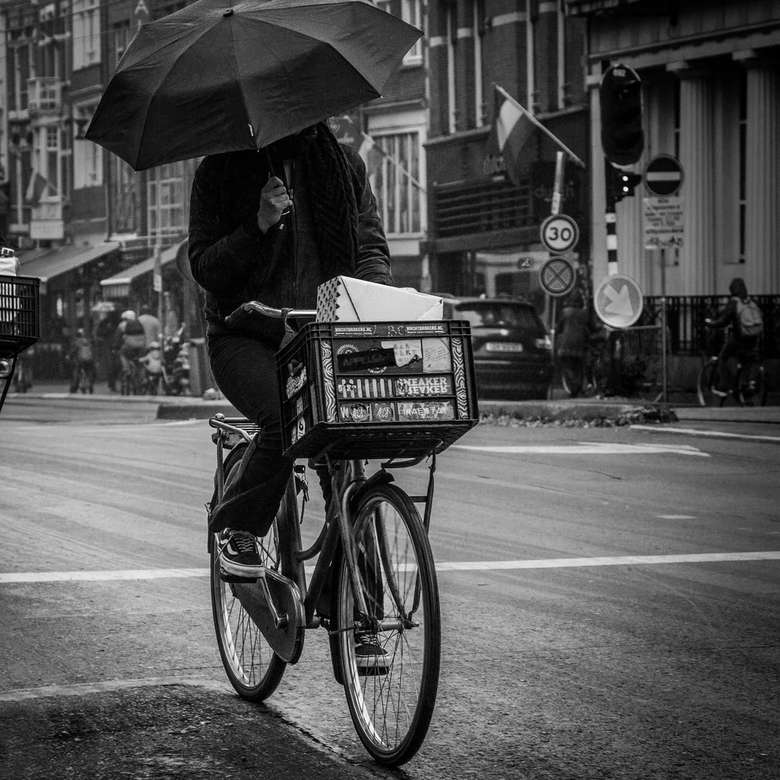 Cyklist i regnet pussel på nätet