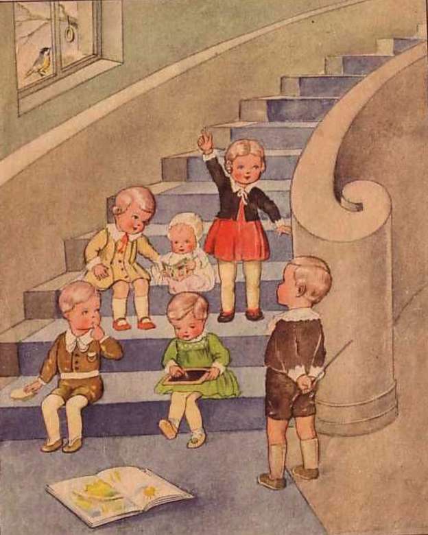 Děti si hrají na schodech Pussel online