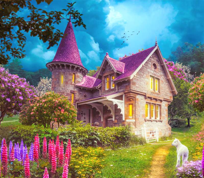 Casa colorida en el jardín rompecabezas en línea