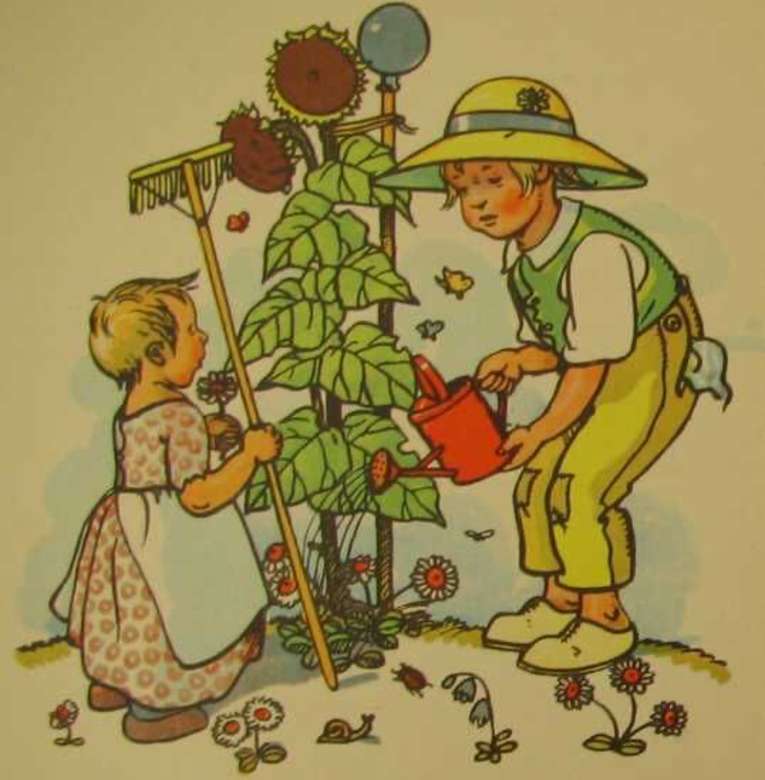 Chlapec učí sestru zahradničit pussel på nätet