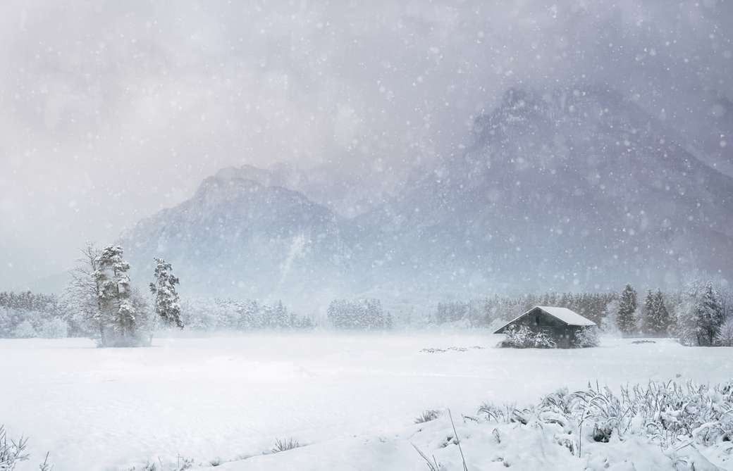 Haus mit Schnee in der Nähe von Berg bedeckt Online-Puzzle