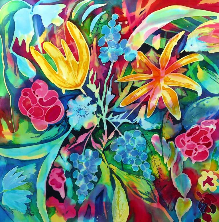Pictura pe mătase a diferitelor flori puzzle online