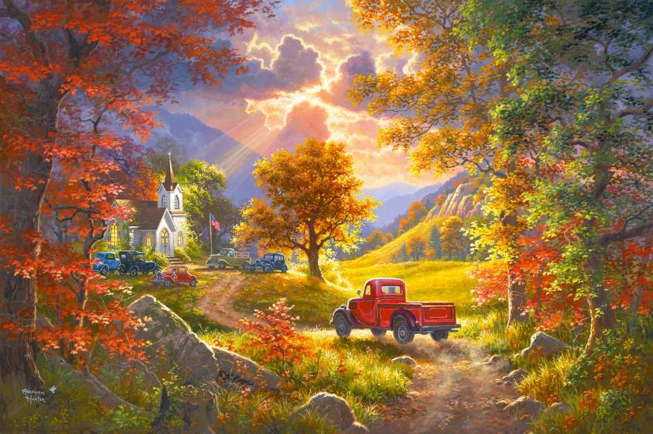 Pintura de otoño en coche a la iglesia rompecabezas en línea