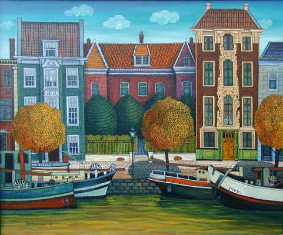 Maisons de canal avec barges puzzle en ligne