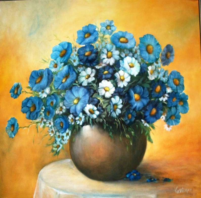 Pintando vaso de flores com flores azuis puzzle online