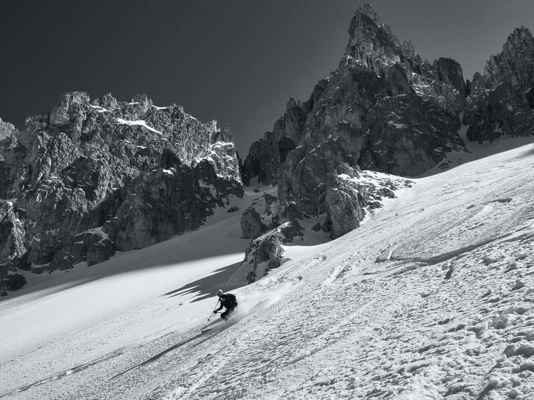 persona che guida sugli sci sulla neve nella fotografia in scala di grigi puzzle online