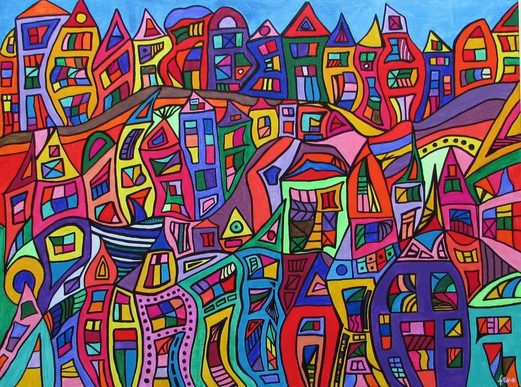 Abstrakt konst färgrik stad Pussel online