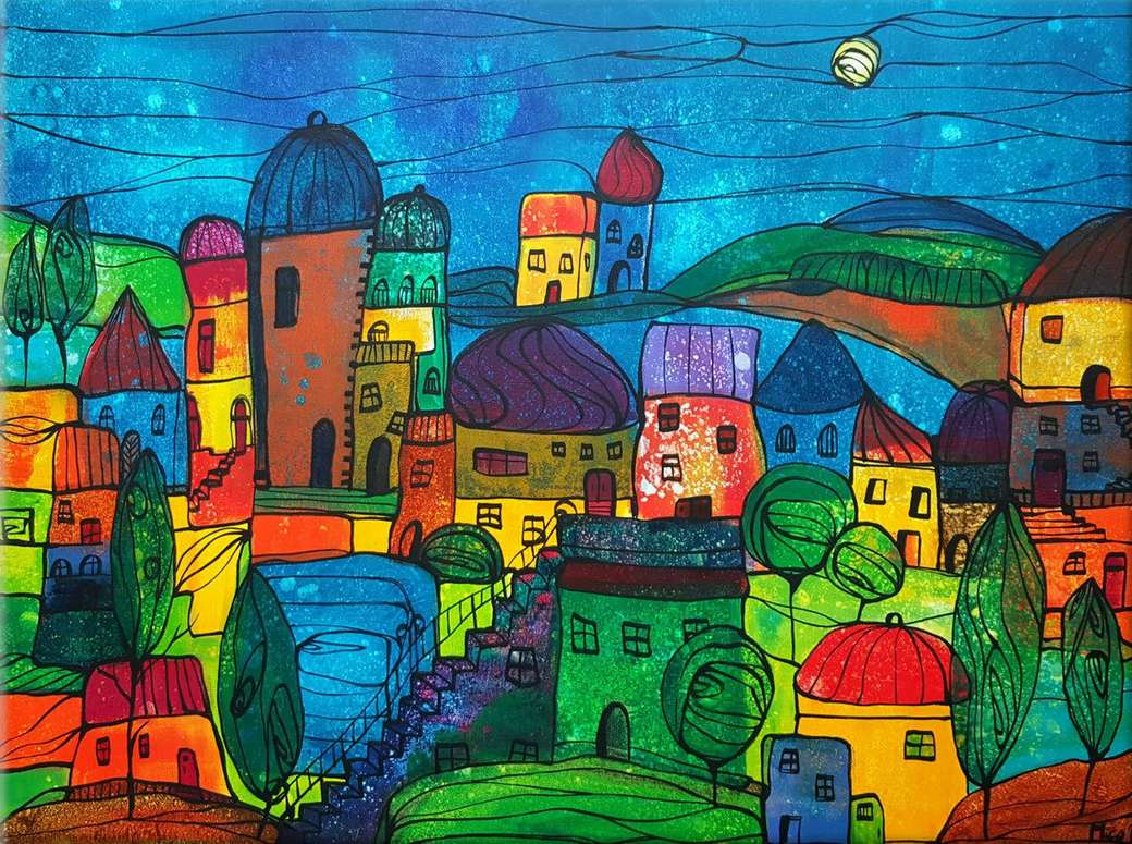 Naiv festmény városi éjszakai égbolton online puzzle