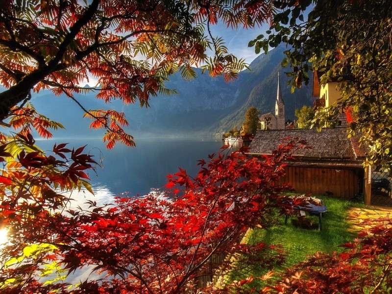 Vista de outono no lago e nas montanhas puzzle online