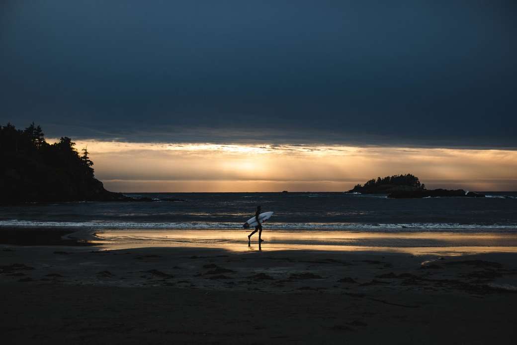 πρόσωπο που κρατά σανίδα του σερφ περπάτημα στην παραλία παζλ online