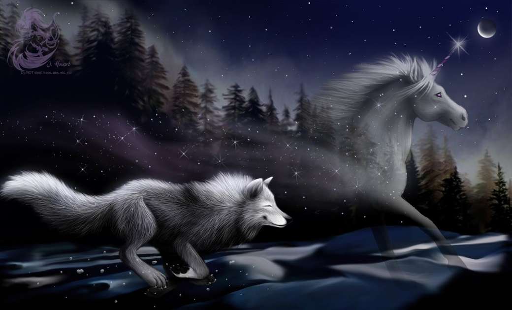 Wolf und schönes Einhorn: 3 Online-Puzzle