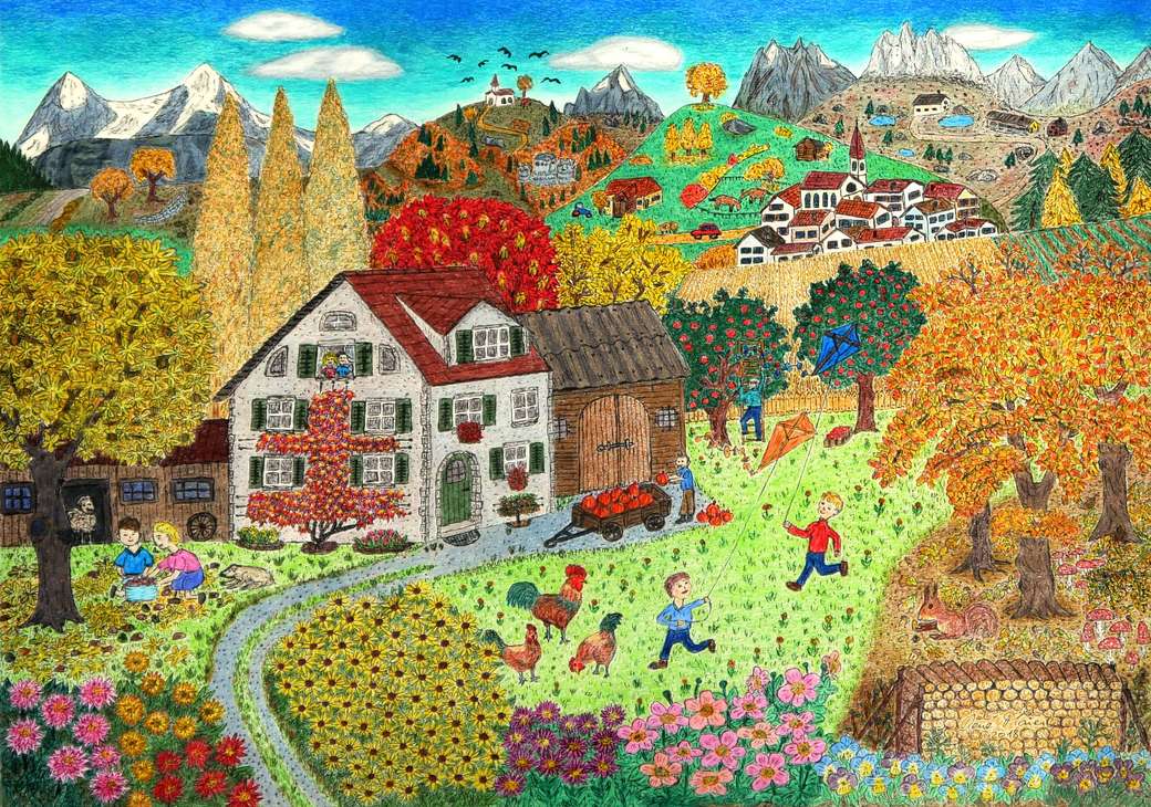 Naïef schilderlandschap met kinderen uit het huisdorp legpuzzel online