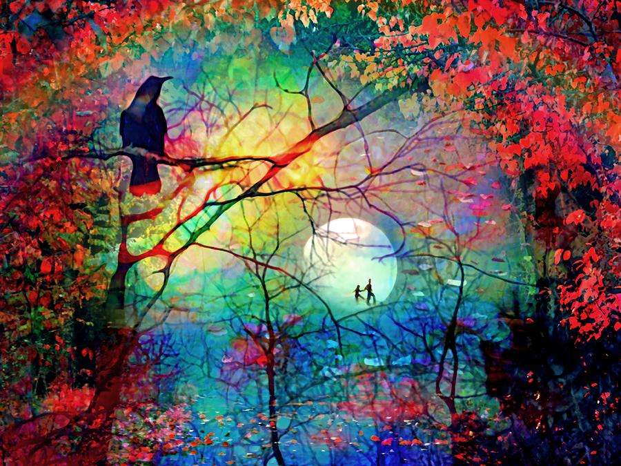 Colorful filigree trees moon raven jigsaw puzzle online