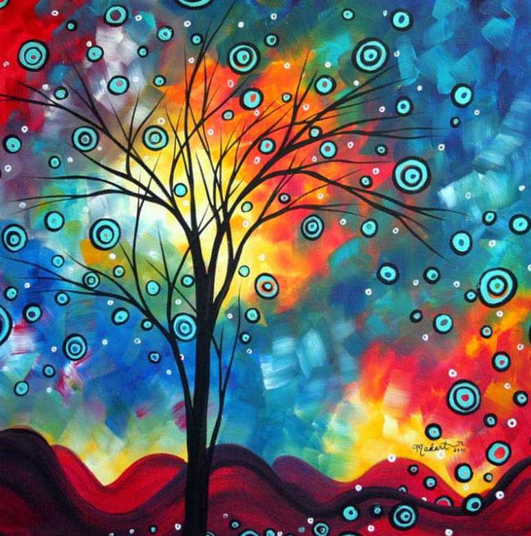 Картина дърво хълм и цветно небе онлайн пъзел