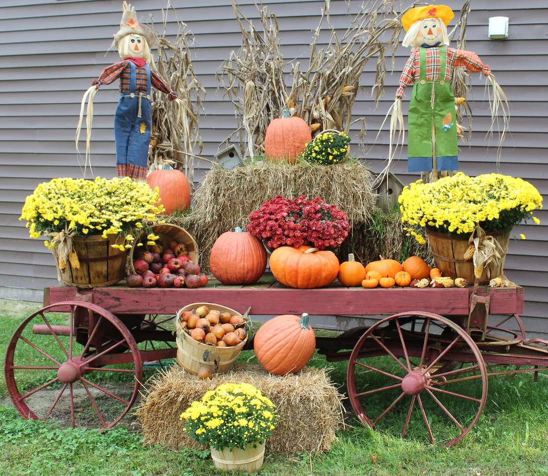 Есенна украса от тикви и растения онлайн пъзел