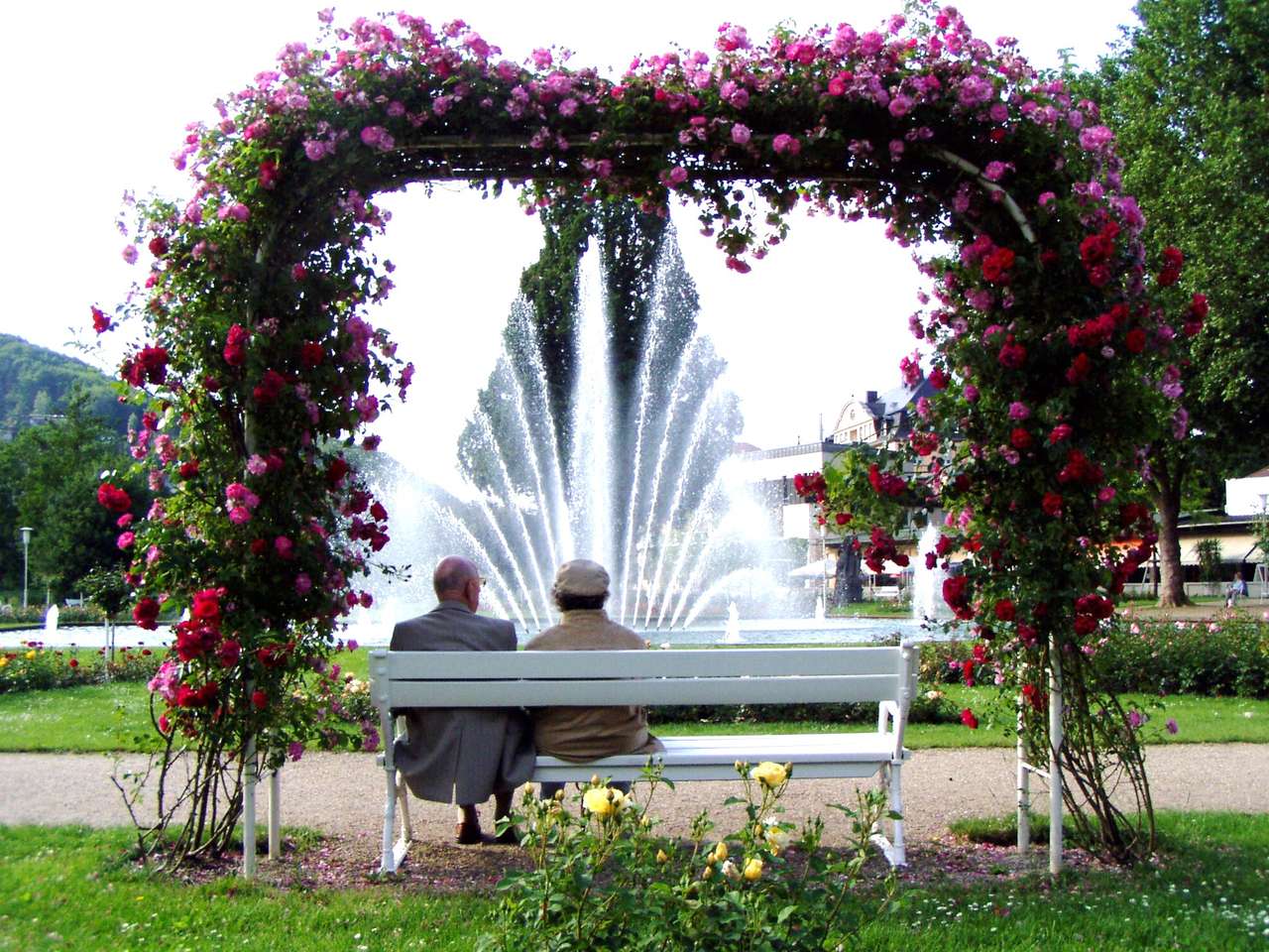 Casal de idosos em um banco sob o arco de rosa puzzle online