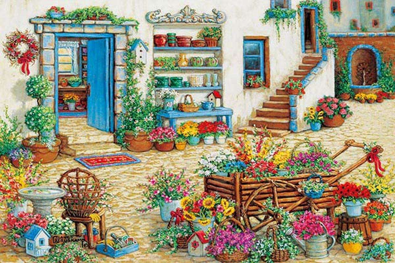 oil painting - flower decorations in front of the house online puzzle