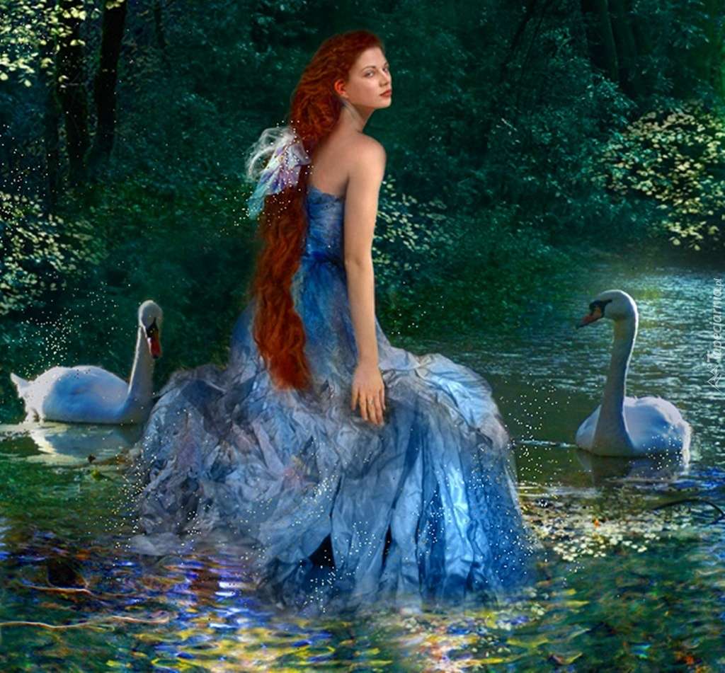 žena - v pozadí řeka s labutěmi online puzzle
