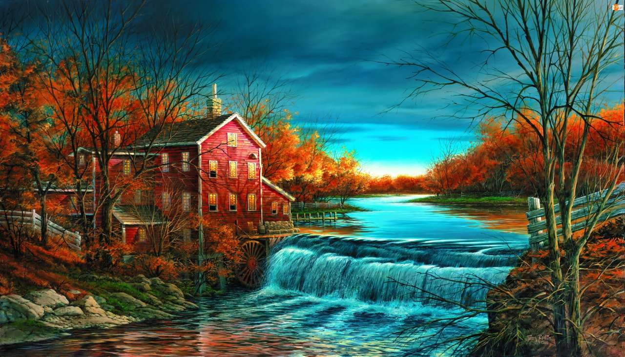 Řeka, vodní mlýn, podzim online puzzle