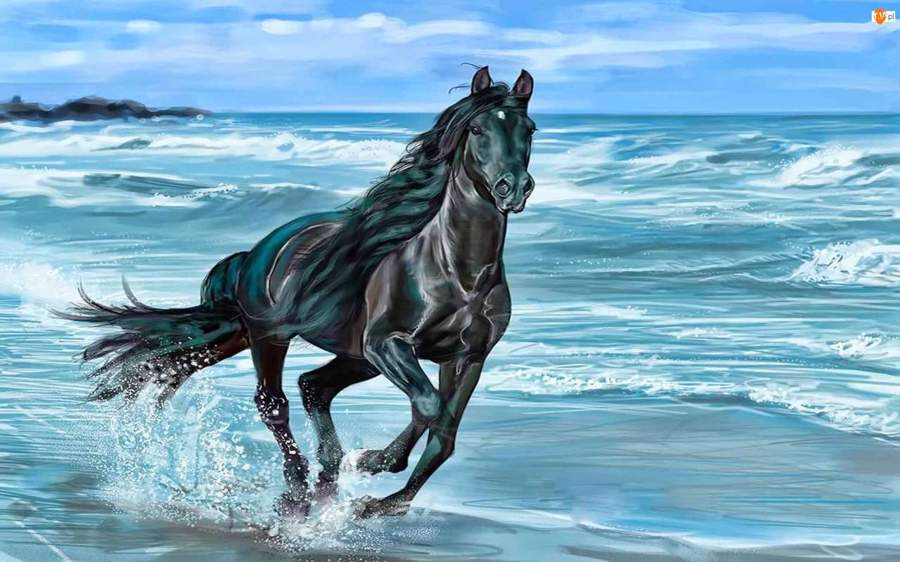 caballo negro junto al mar rompecabezas en línea