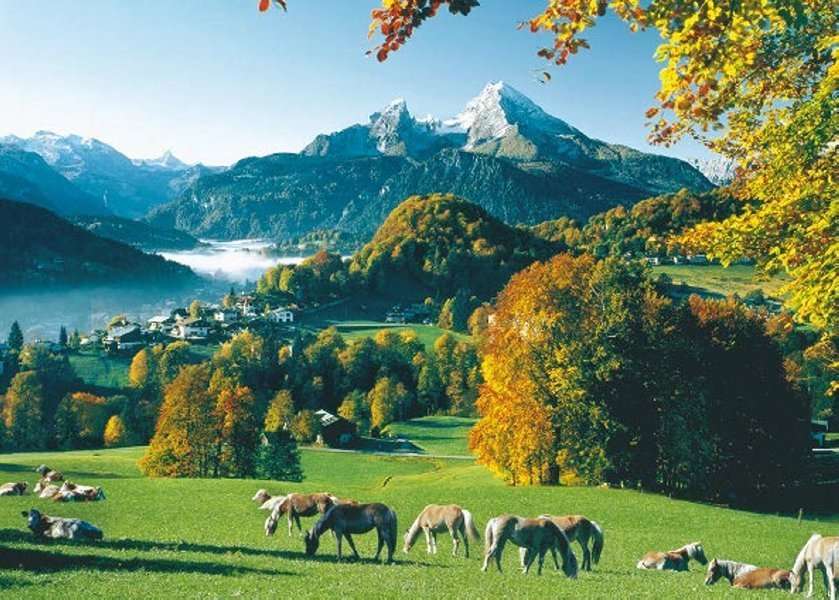 германия - горы, лошади на лугу пазл онлайн