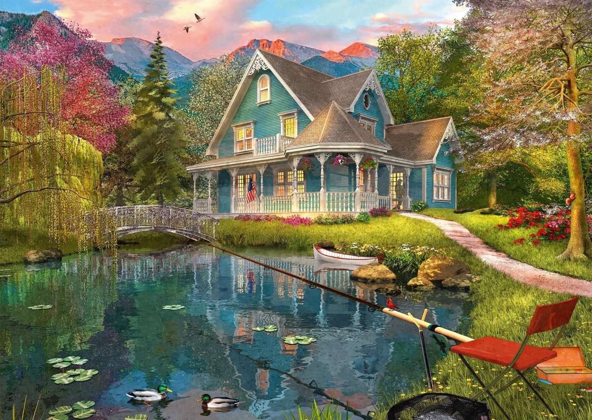 ház a hegyekben, a tó közelében online puzzle