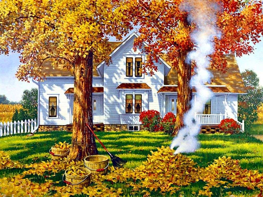 Casa de campo y chimenea, otoño rompecabezas en línea