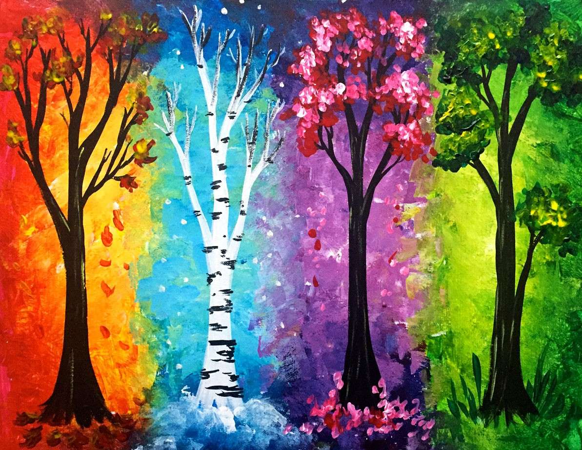 Stromy, čtyři roční období, malování online puzzle