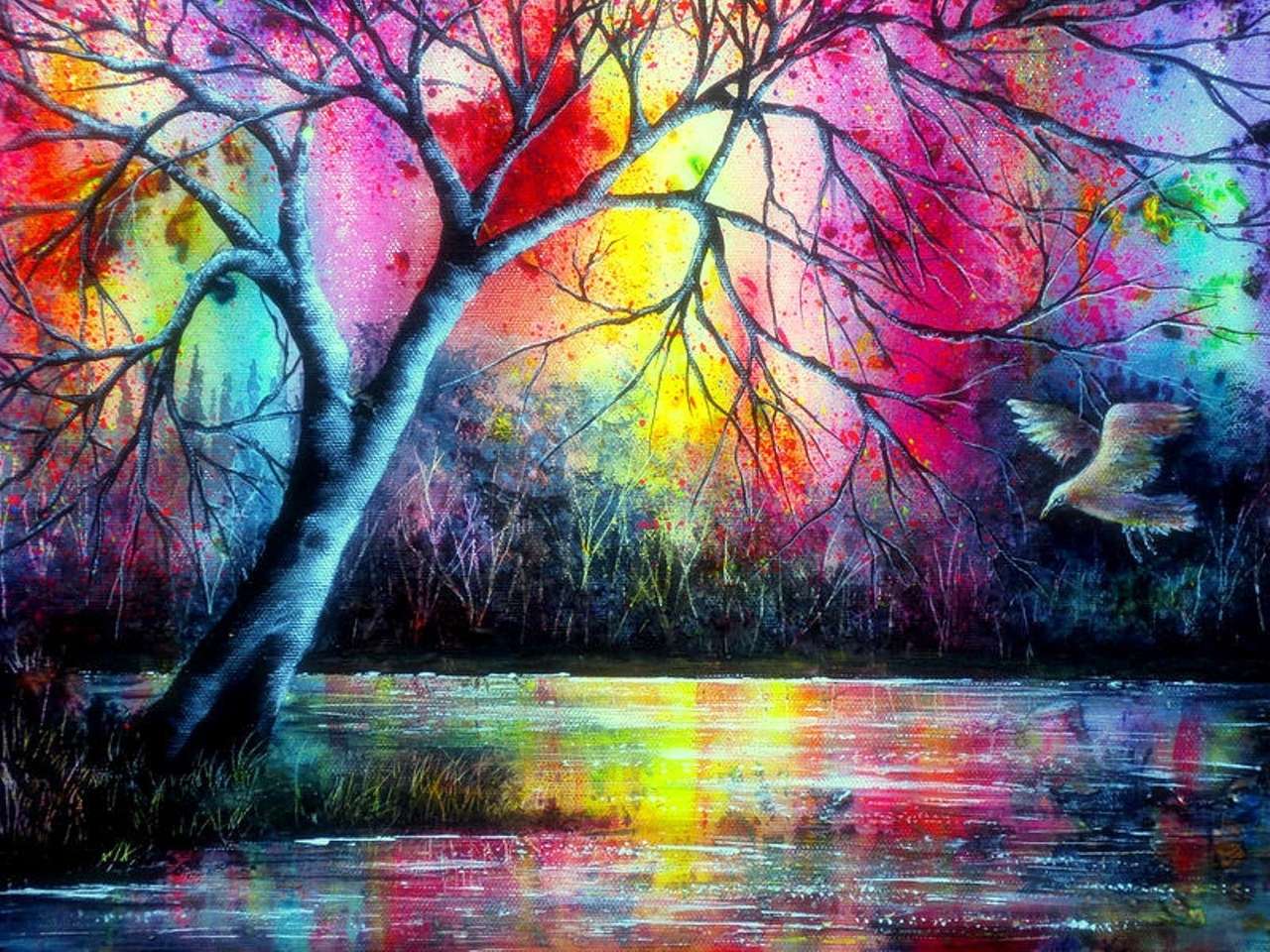 Copacul în lumina colorată se reflectă în lac puzzle online